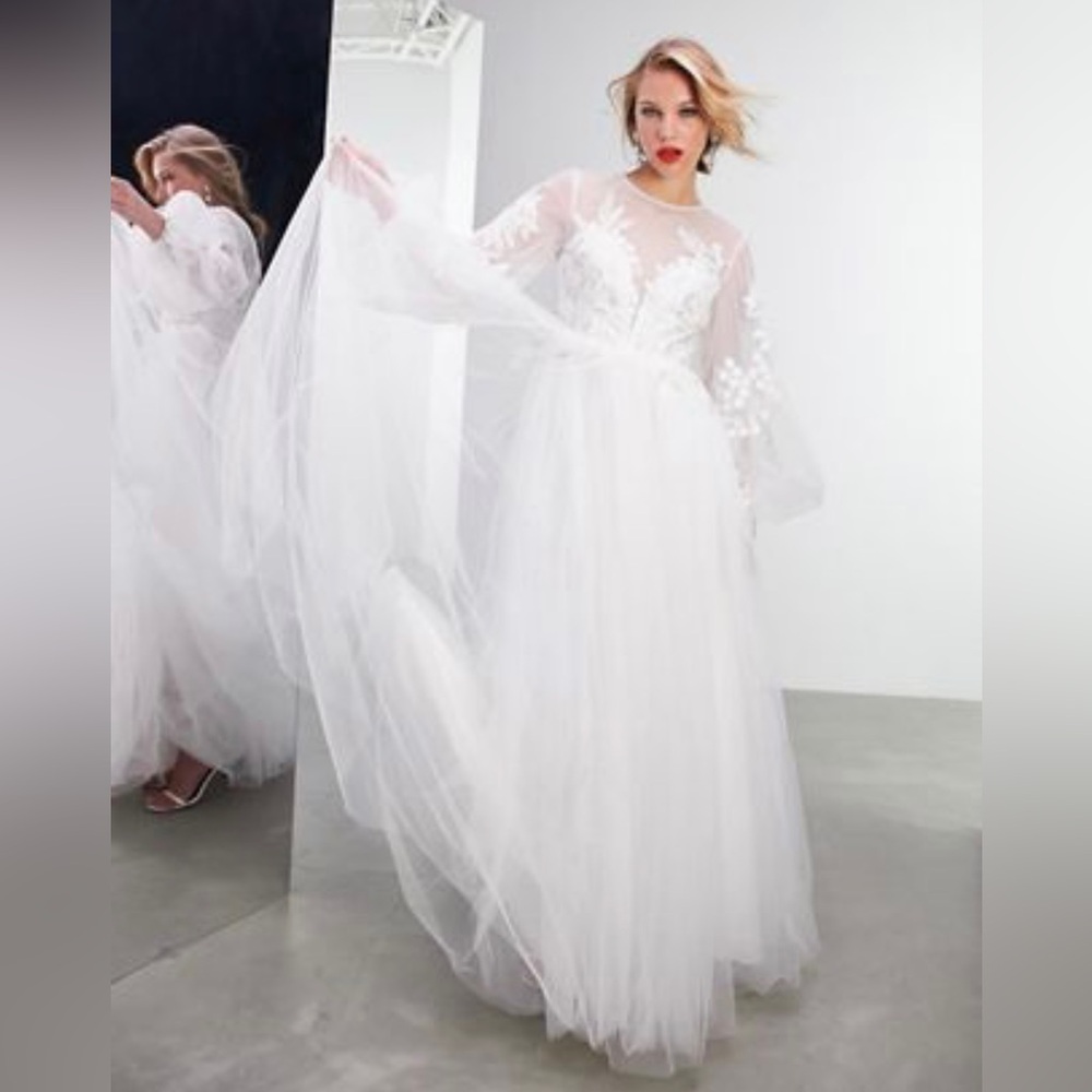 ASOS Edition Luna embroidered wedding dress with blouson sleeves and mesh skirt